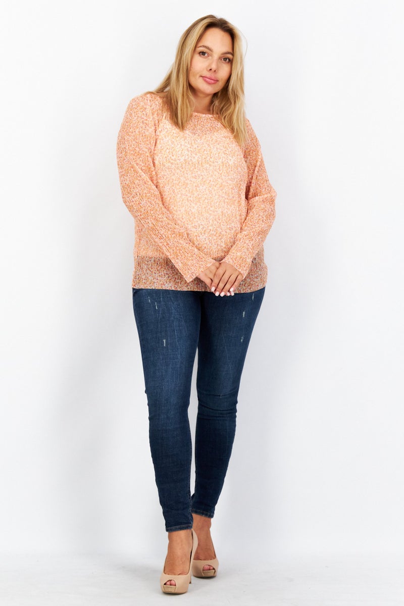 ESPRIT بلوزة نسائية بأكمام طويلة وياقة دائرية بنمط زهور، مجموعة برتقالية - Image 4